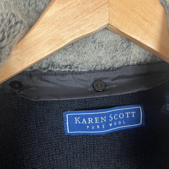 VINTAGE Women Black Wool Fur Removable Collar Knit Zip Sweater L/XL Karen Scott - Picture 5 of 11